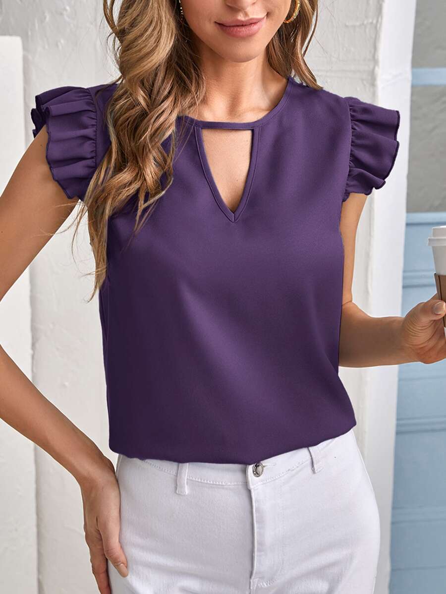 SHEIN Clasi Peekaboo Ruffle Cuff Blouse - Purple - View 1
