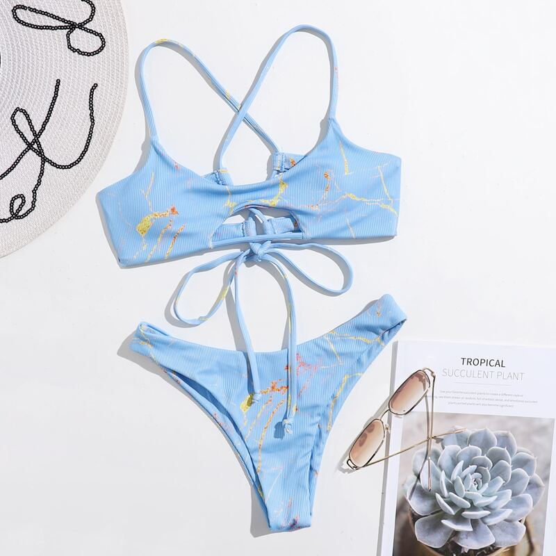 

Marble Print Cut-out Bikini Swimsuit, Blue
