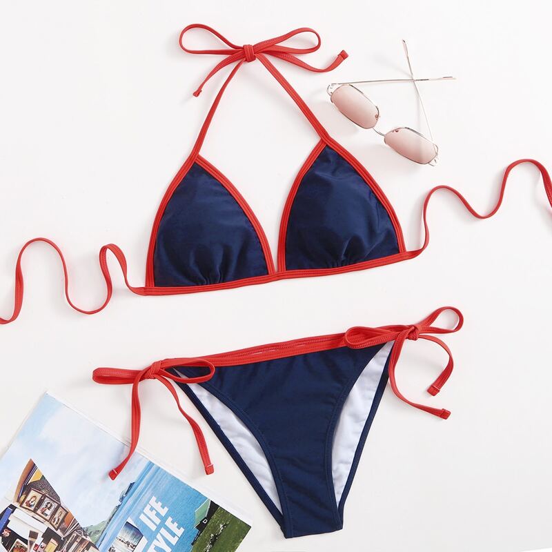 

Contrast Binding Tie Side Bikini Swimsuit, Navy blue