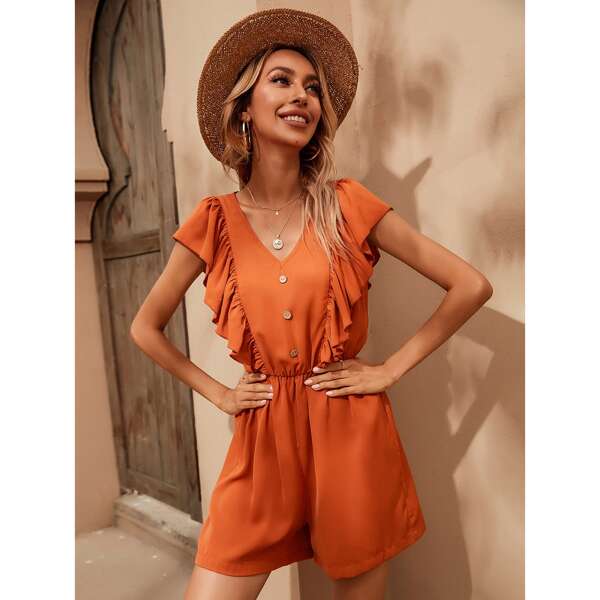 

Solid Ruffle Trim Button Detail Romper, Orange