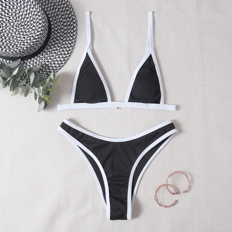 

Contrast Binding Triangle Bikini Swimsuit, Black and white