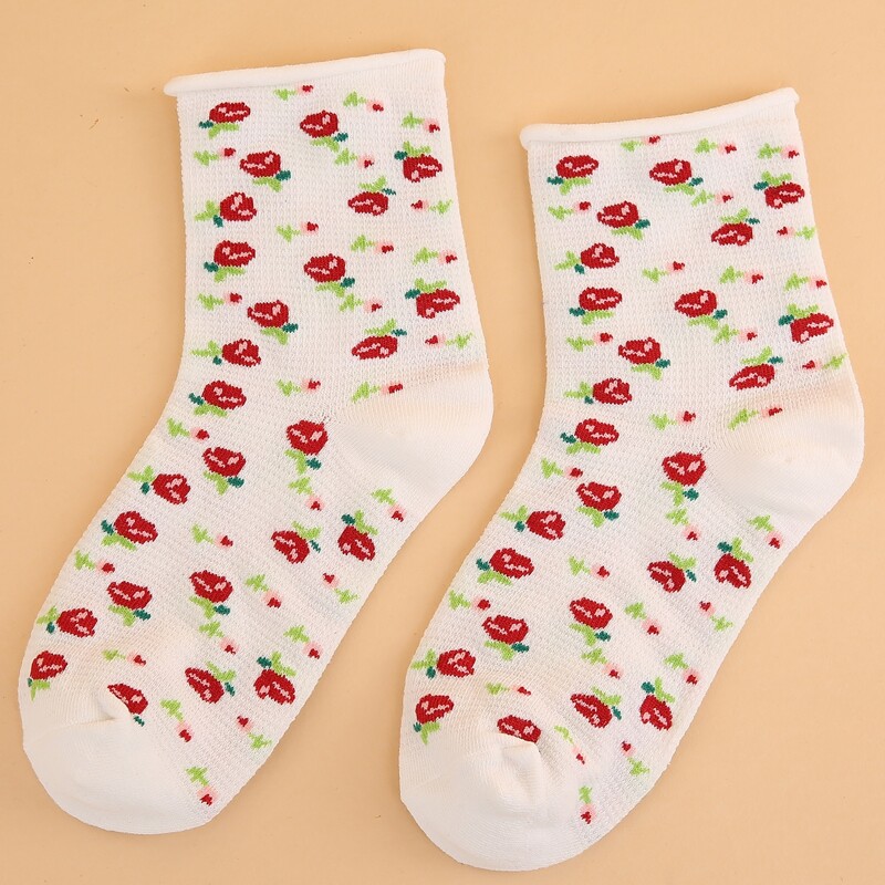 

Floral Crew Socks, Red and white