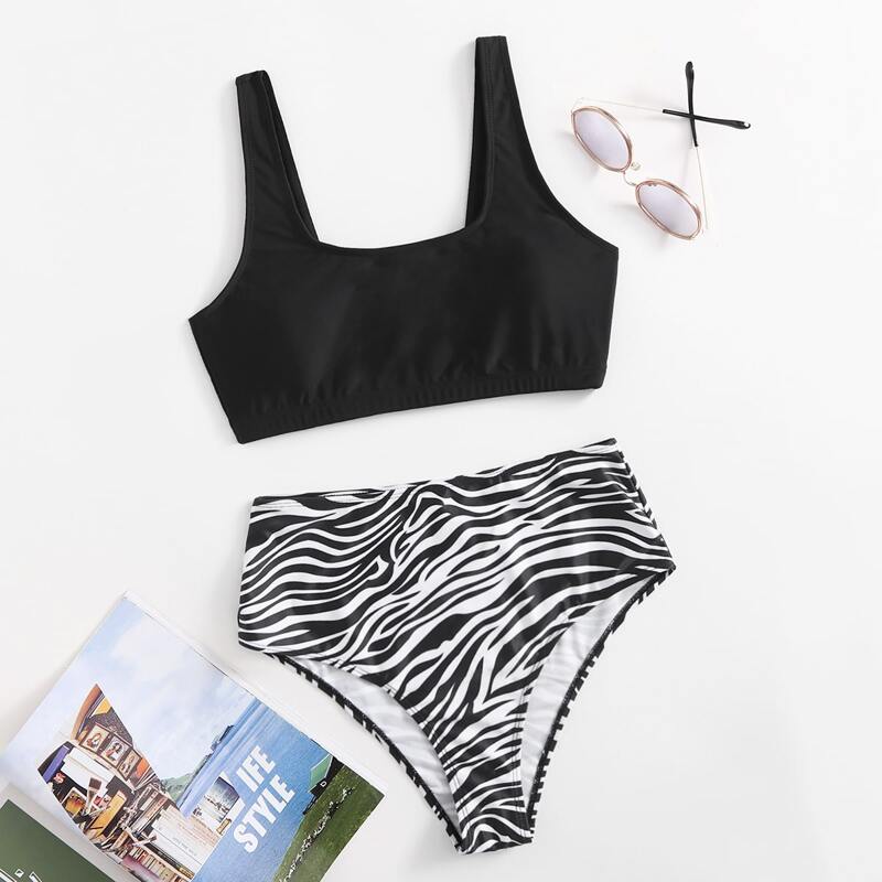 

Zebra Striped High Waist Bikini Swimsuit, Black and white