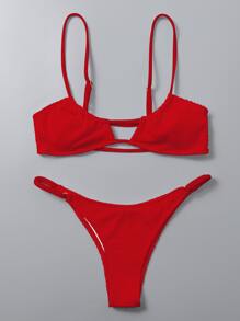 Textured Thong Bikini Set For Summer Beach Vocation - Red - View 3