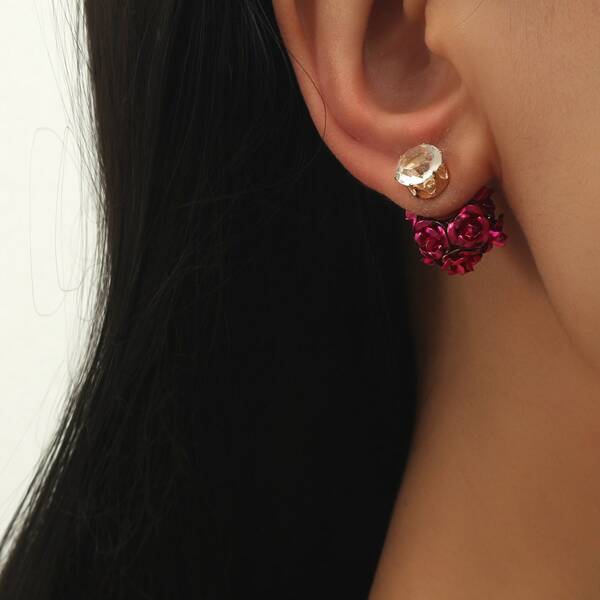 

1pair Flower & Zircon Decor Earring Jackets, Hot pink