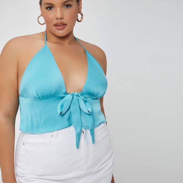

Plus Tie Front Halter Top, Blue