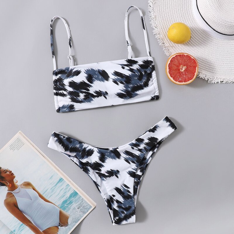 

Allover Print High Cut Bikini Swimsuit, Black and white