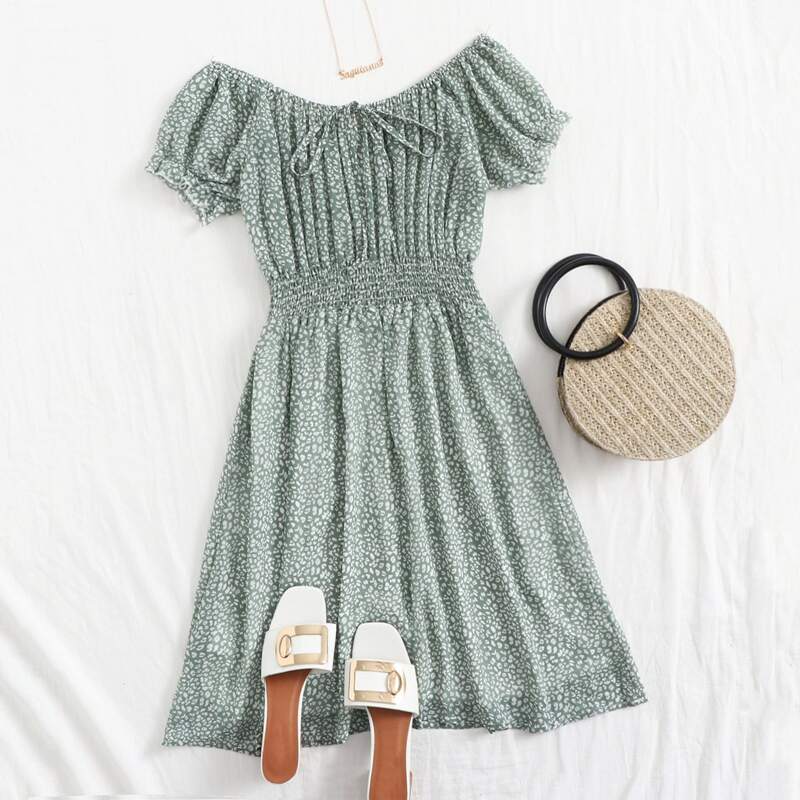 

All Over Print Shirred Dress, Green