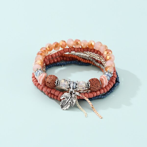 

8pcs Metal Leaf Charm Beaded Bracelet, Multicolor