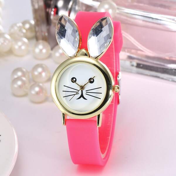 

Kids Rhinestone Decor Rubber Strap Quartz Watch