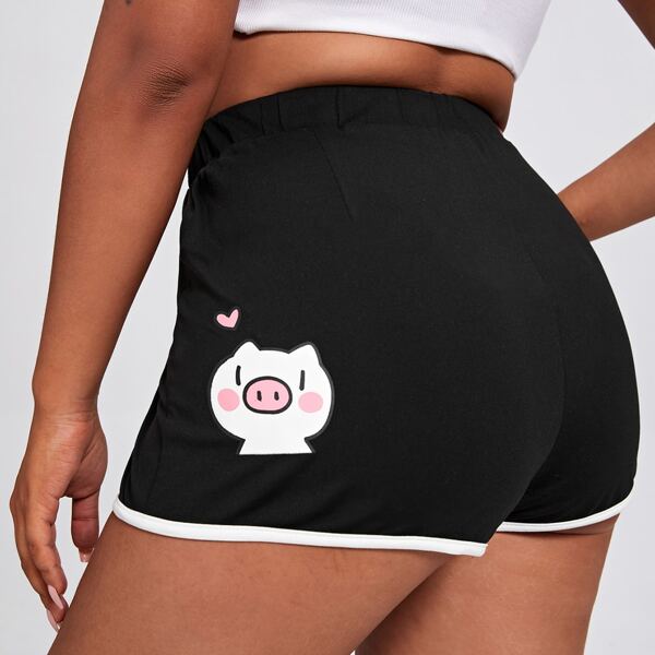 

Plus Cartoon Graphic Contrast Binding Shorts, Black