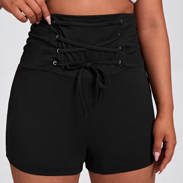 

Plus Lace Up Front High Waisted Shorts, Black