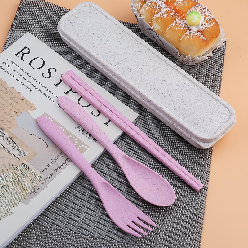 

3pcs Plastic Cutlery Set & 1pc Storage Box, Pink