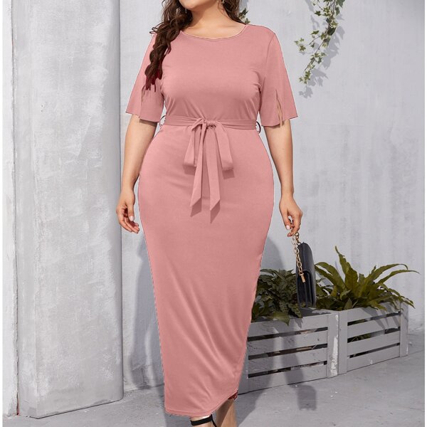 

Plus Split Sleeve Belted Fitted Dress, Coral pink