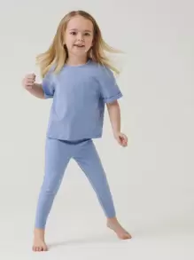 SHEIN Young Girl Toddler Girls Cotton Solid Roll Up Sleeve Tee & Leggings Set - Blue - View 1