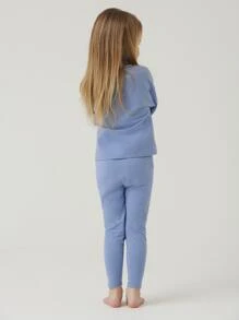 SHEIN Young Girl Toddler Girls Cotton Solid Roll Up Sleeve Tee & Leggings Set - Blue - View 2