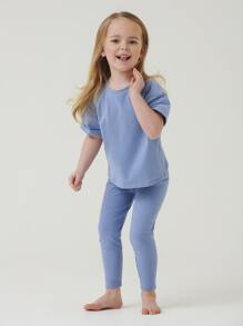 SHEIN Young Girl Toddler Girls Cotton Solid Roll Up Sleeve Tee & Leggings Set - Blue - View 3