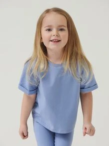 SHEIN Young Girl Toddler Girls Cotton Solid Roll Up Sleeve Tee & Leggings Set - Blue - View 4