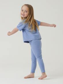 SHEIN Young Girl Toddler Girls Cotton Solid Roll Up Sleeve Tee & Leggings Set - Blue - View 5