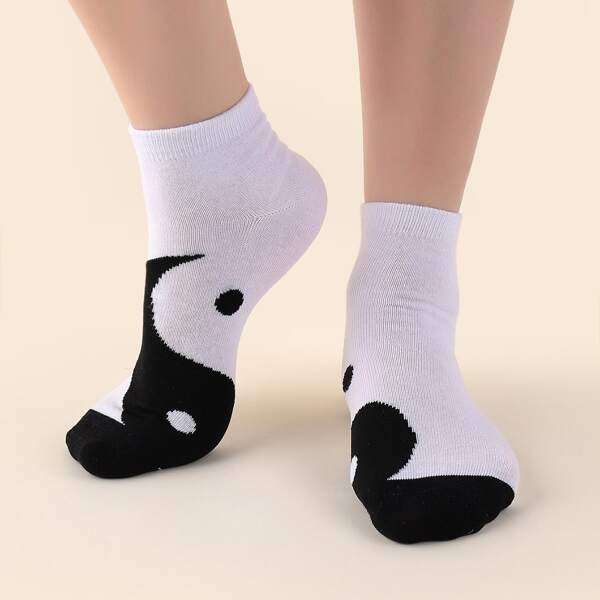 

2pairs Yin & Yang Print Socks, Black and white