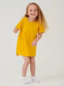 SHEIN Toddler Girls Cotton Split Side Dip Hem Dress - Yellow - View 1