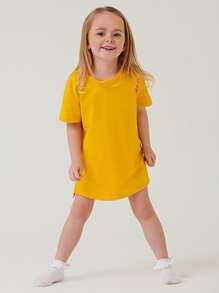 SHEIN Toddler Girls Cotton Split Side Dip Hem Dress - Yellow - View 5