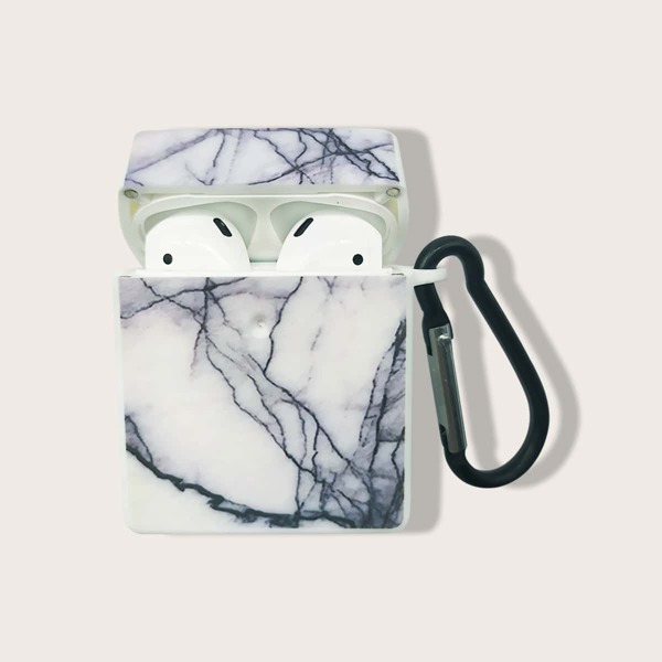 

Marble Pattern Airpods Case With Hook, White