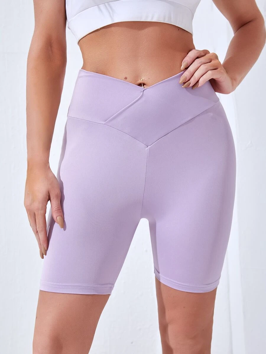 Overlap Asymmetrical Waist Cycling Shorts - Lilac Purple - View 1
