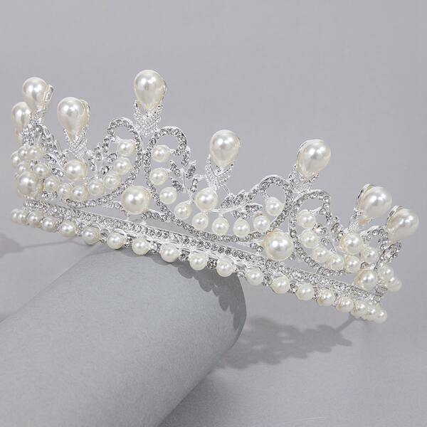 

Faux Pearl Decor Crown Design Headband, Silver