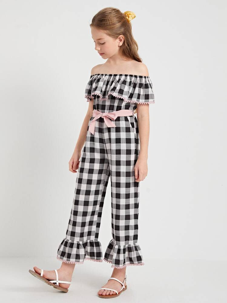 SHEIN 女孩露肩蕾絲邊自腰帶大方格紋連身長褲 - 黑與白 - 查看 2