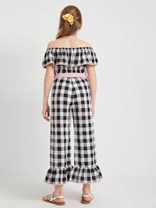 SHEIN Girls Off Shoulder Lace Trim Self Belted Buffalo Plaid Jumpsuit - Black and White - View 3