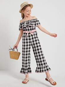 SHEIN Girls Off Shoulder Lace Trim Self Belted Buffalo Plaid Jumpsuit - Black and White - View 1
