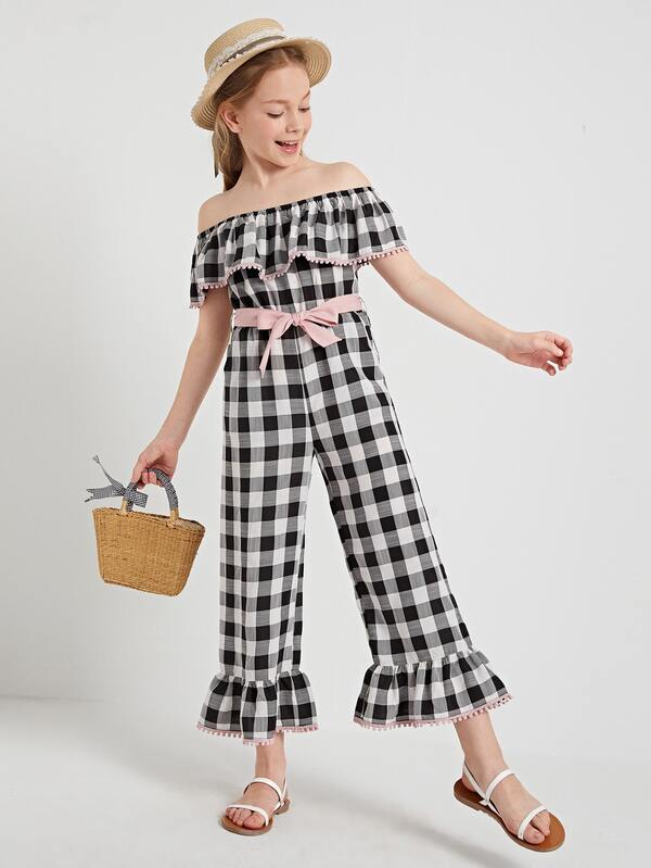 SHEIN Girls Off Shoulder Lace Trim Self Belted Buffalo Plaid Jumpsuit
