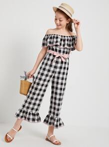 SHEIN Girls Off Shoulder Lace Trim Self Belted Buffalo Plaid Jumpsuit - Black and White - View 4