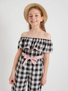 SHEIN Girls Off Shoulder Lace Trim Self Belted Buffalo Plaid Jumpsuit - Black and White - View 5