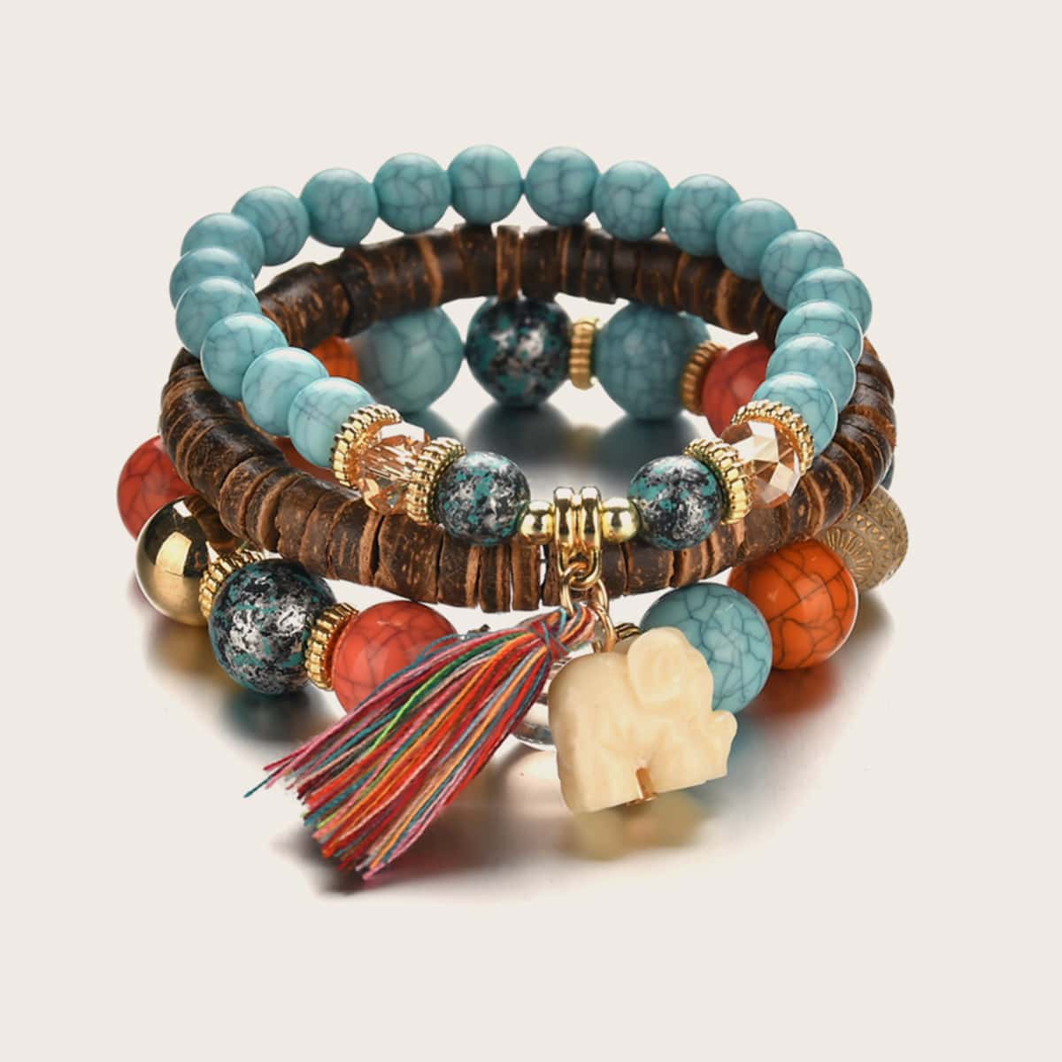 

3pcs Tassel & Elephant Beaded Bracelet, Blue