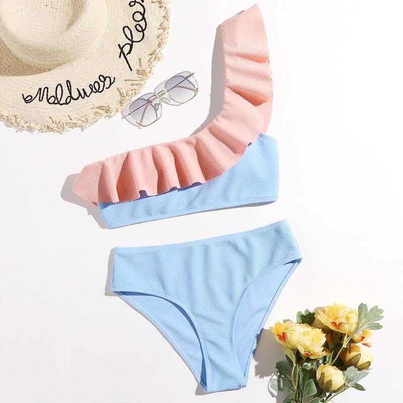 

One Shoulder Ruffle Bikini Swimsuit, Multicolor