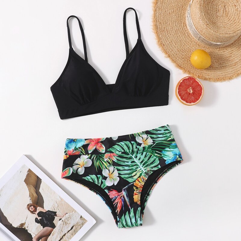 

Floral High Waist Bikini Swimsuit, Black
