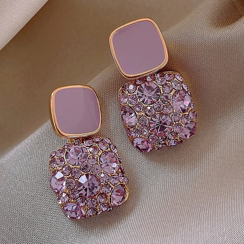 

Rhinestone Square Drop Earrings, Purple