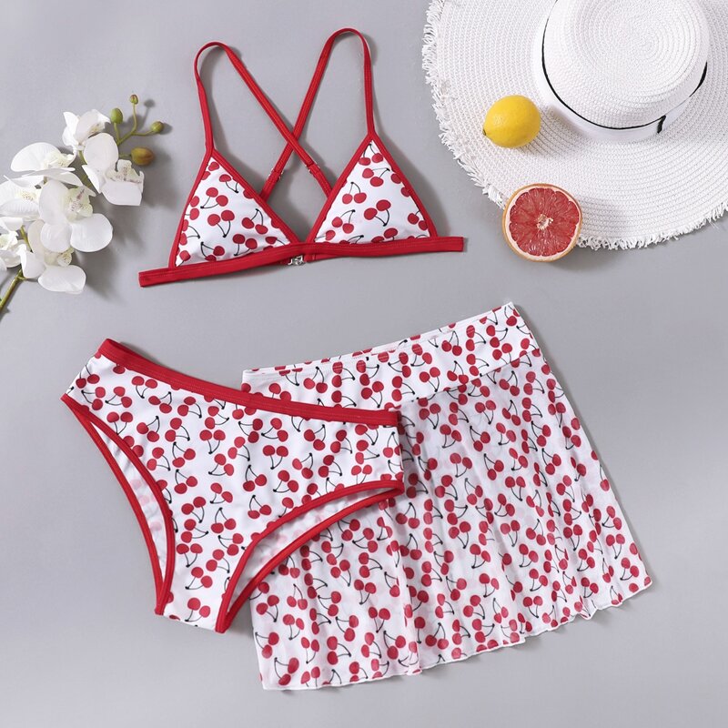 

3pack Cherry Print Bikini Swimsuit, Multicolor