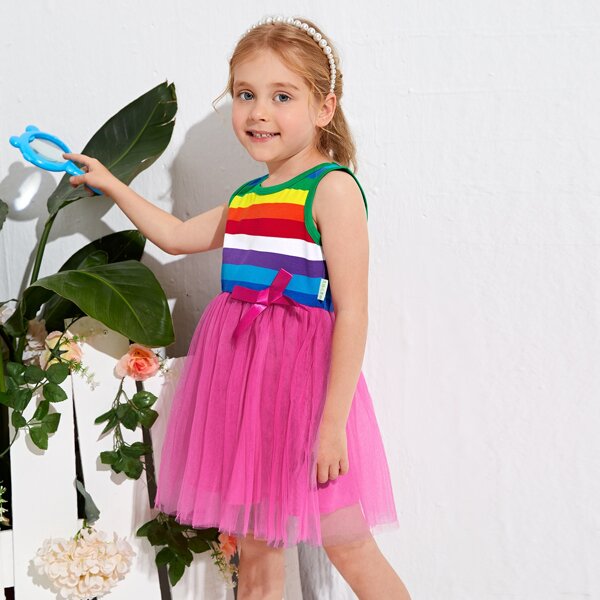 

Toddler Girls Rainbow Striped Bow Front Mesh Hem Dress, Multicolor