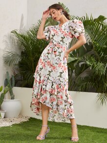 SHEIN X Dr.kholoud Puff Sleeve Ruffle Trim Asymmetrical Hem Floral Dress