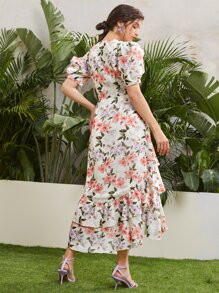 SHEIN X Dr.kholoud Puff Sleeve Ruffle Trim Asymmetrical Hem Floral Dress