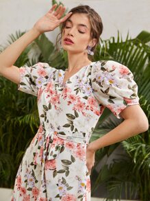 SHEIN X Dr.kholoud Puff Sleeve Ruffle Trim Asymmetrical Hem Floral Dress