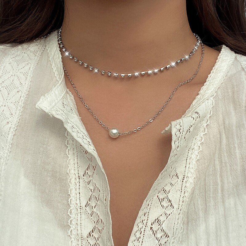 

2pcs Rhinestone Faux Pearl Necklace, Silver