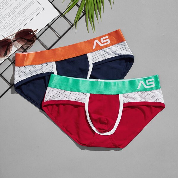 

Men 2pcs Letter Graphic Colorblock Brief, Multicolor