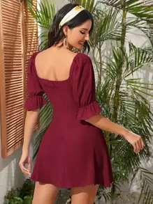 GENKIRA Ruched Detail A-line Dress - Burgundy - View 2