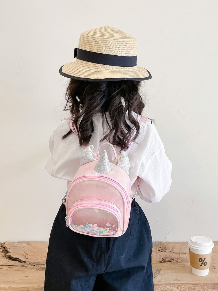 Mini mochila del unicornio lindo del brillo de la historieta de los niños, bolso de escuela de la guardería para los niños - Rosa - Añade 2