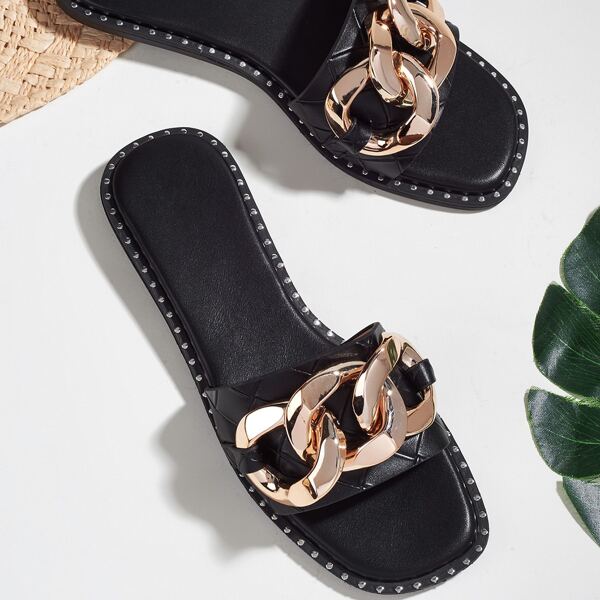 

Chain Decor Slide Sandals, Black