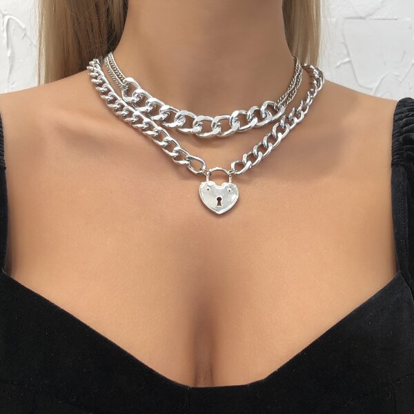 

Heart Lock Charm Layered Necklace, Silver